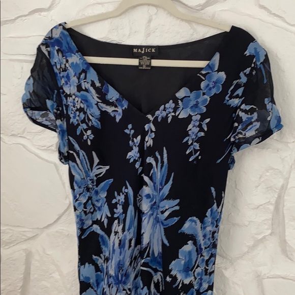 Majick long Lined Sheer sleeved Navy + Blue Dress - Picture 2 of 14